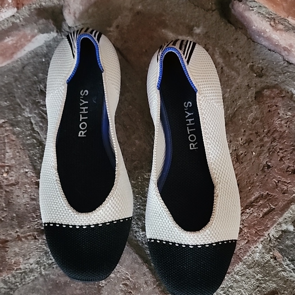 Rothy’s Square Toe Tuxedo Flats Black Cream Minimalist Chic